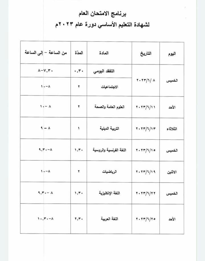 برنامج شهادة التعليم الأساسي التاسع سوريا ٢٠٢٣